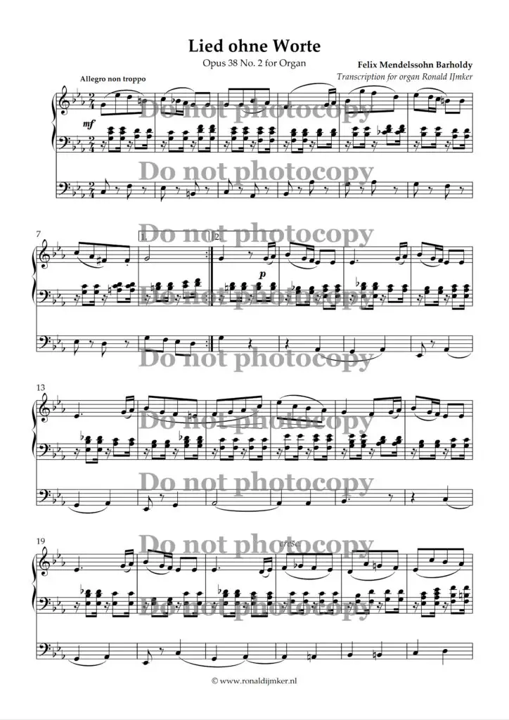 Lied ohne Worte Opus 38 No. 2 for organ
